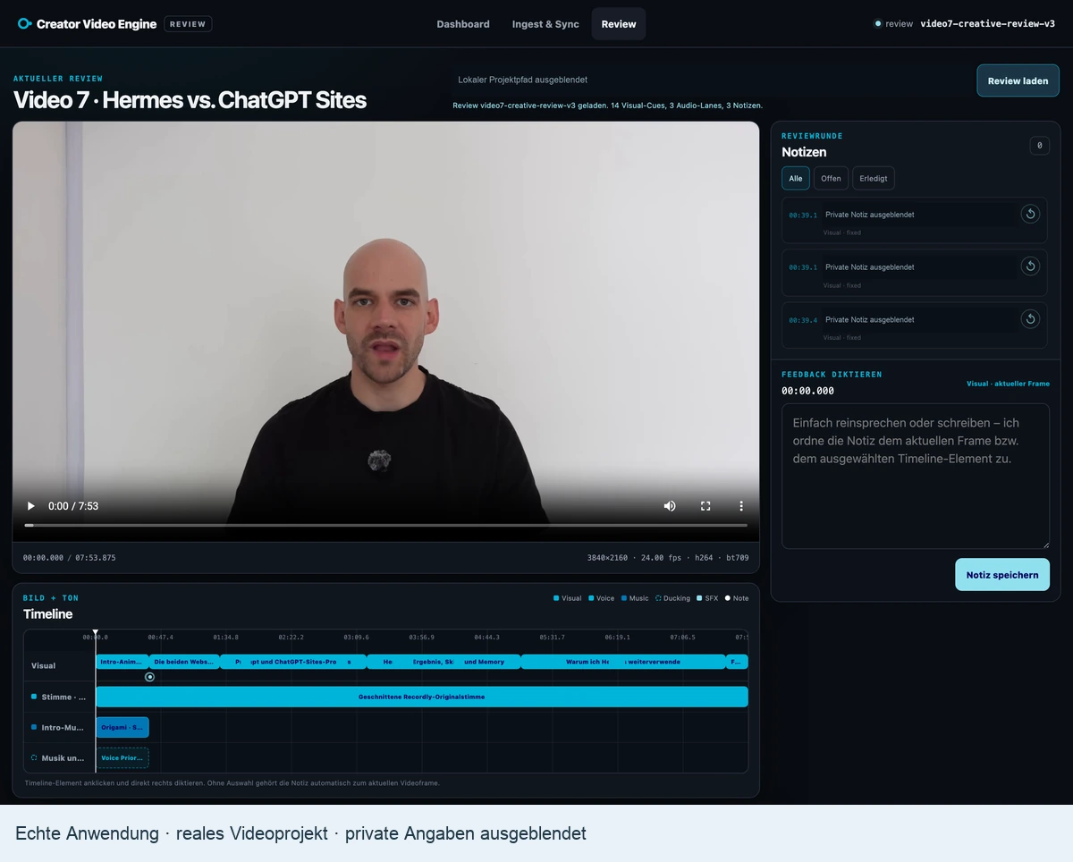 Creator Video Engine mit echtem Videoprojekt, Bild-und-Ton-Timeline und ausgeblendeten privaten Notizen.